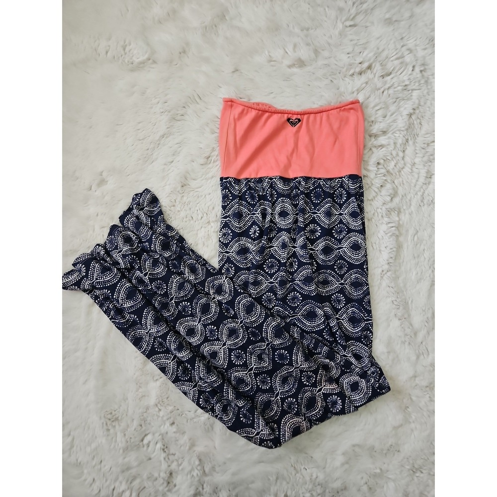 Roxy Strapless Maxi Dress Medium Coral Pink Navy Blue Geometric Printed Sundress